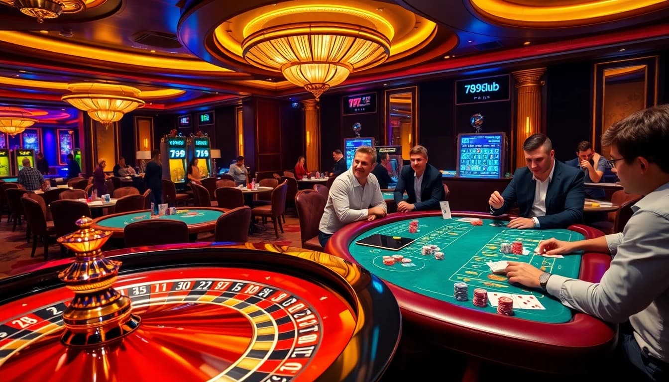 Engaged players at 789club enjoying a lively casino atmosphere with roulette and poker tables.