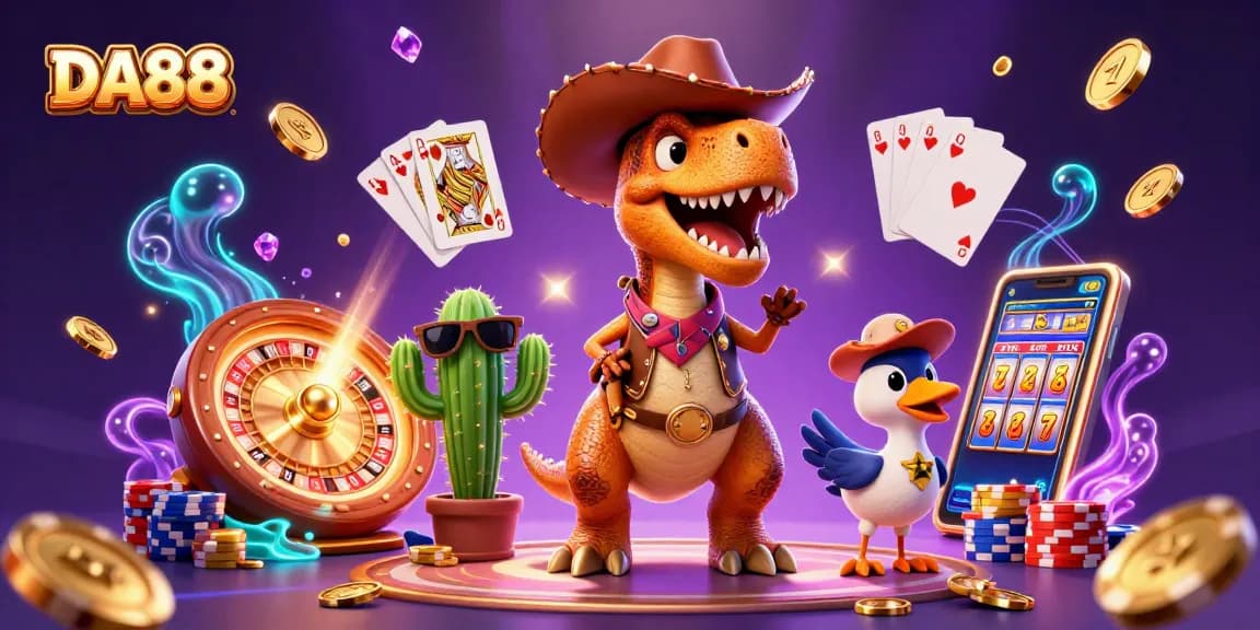 DA88 cowboy dinosaur spins the roulette wheel while cascading coins fly around