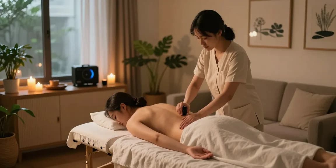 Client receiving 출장안마 in a calming home setting, therapist applying oils.