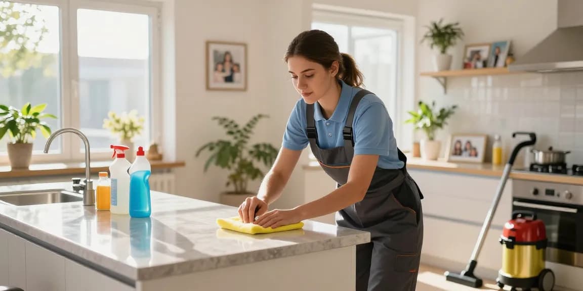 Professioneller Cleaner verantwortlich für die umzugsreinigung solothurn, der mit Sorgfalt und Fleiß eine Küchenoberfläche reinigt.