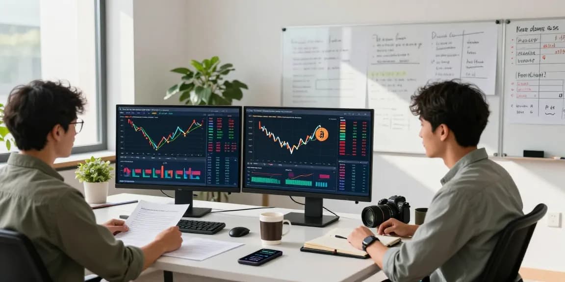 Aktuelle Krypto-Studien und Marktanalysen in modernem Büro mit Charts und Statistiken.