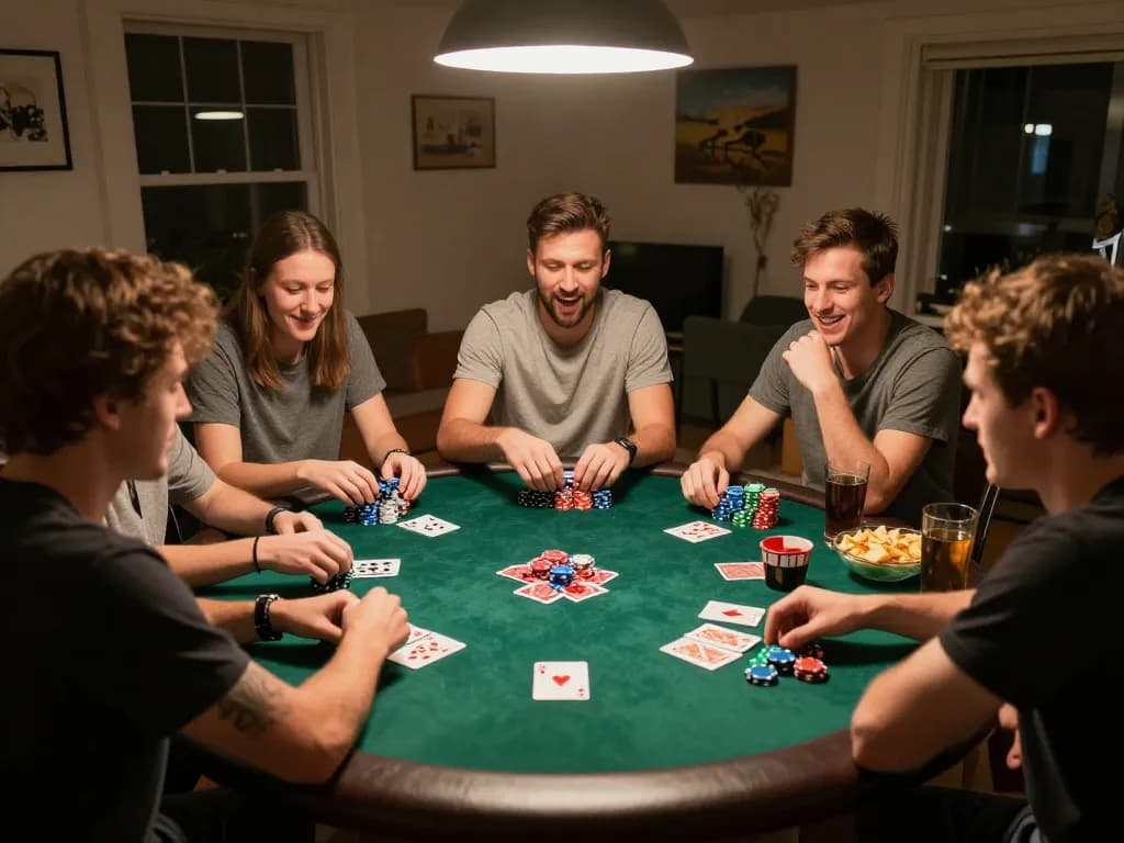S8 poker night with friends, vibrant chips and cards creating excitement and engagement