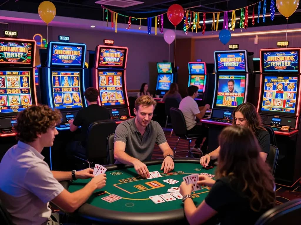 Engaged players immersed in Bomwin's vibrant online gaming atmosphere, celebrating wins at digital poker and slot games.