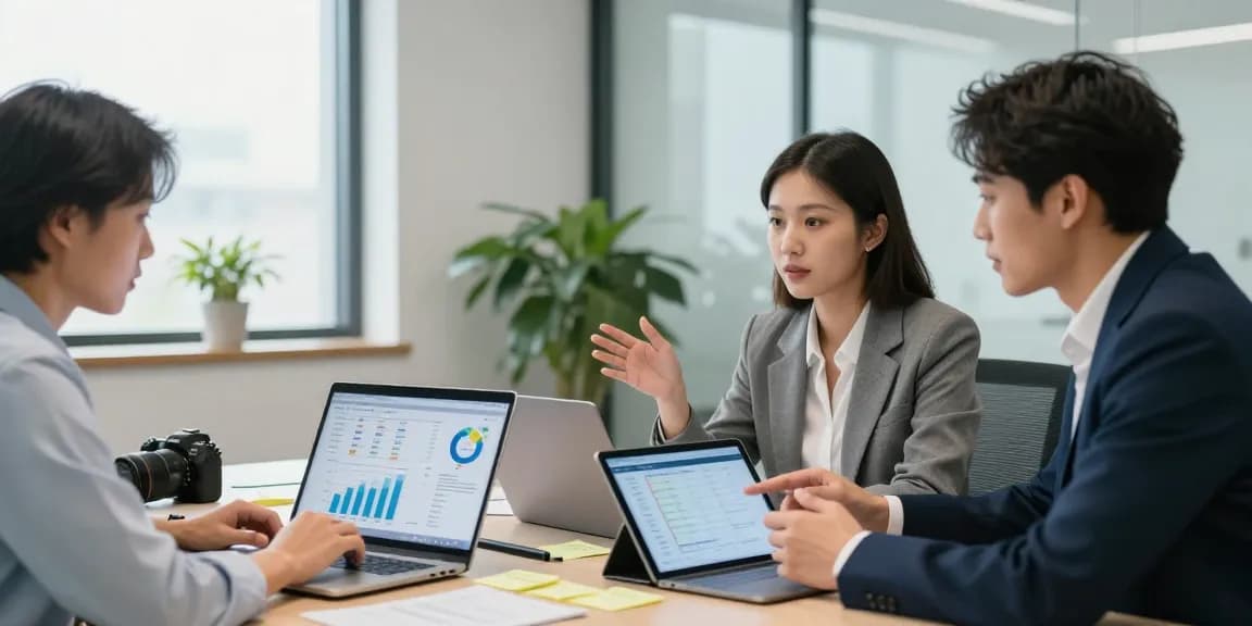 Engagiertes Team, das digitale Lösungen als Web Berater, Website Berater in modernem Büro strategisiert