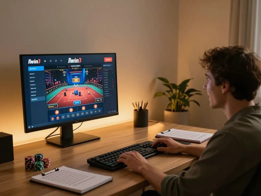 Player engaging with llwin3 online casino on a sleek gaming setup, showcasing excitement and focus