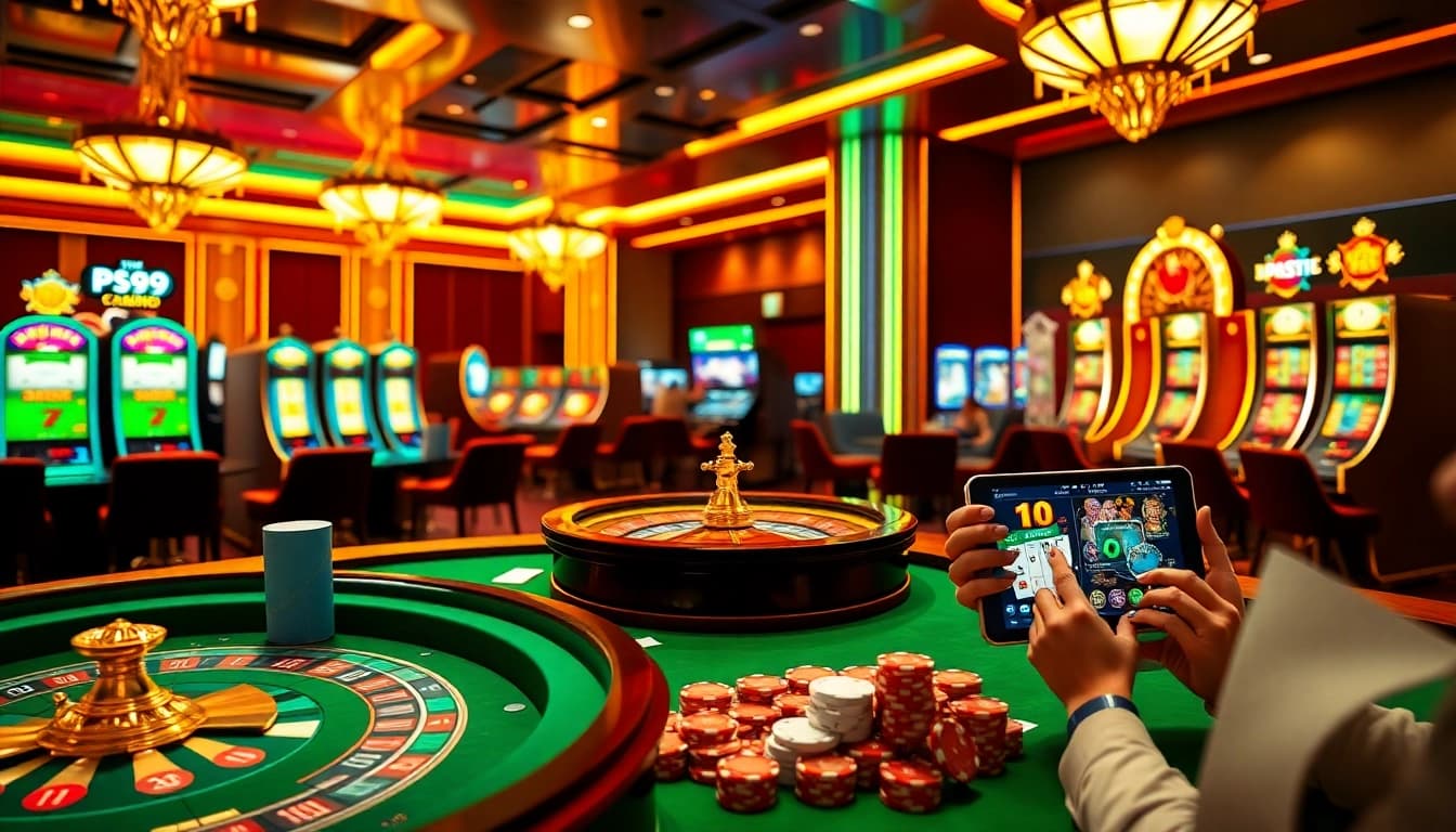 PS99 online gambling platform showcasing vibrant slot machines and casino tables