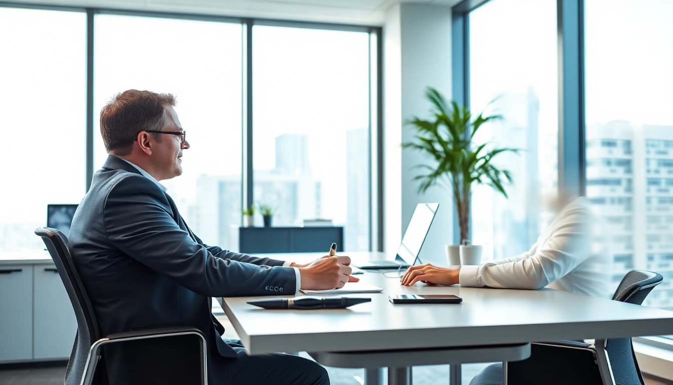 Interaktion zwischen einem Headhunter IT und einem Kandidaten in einem modernen Büro.