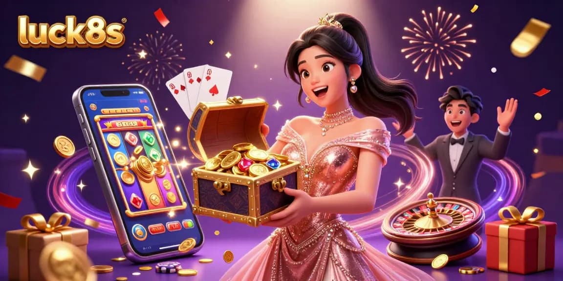 Experience thrilling wins at luck8s with golden coins and exciting slot games in this vibrant casino illustration.