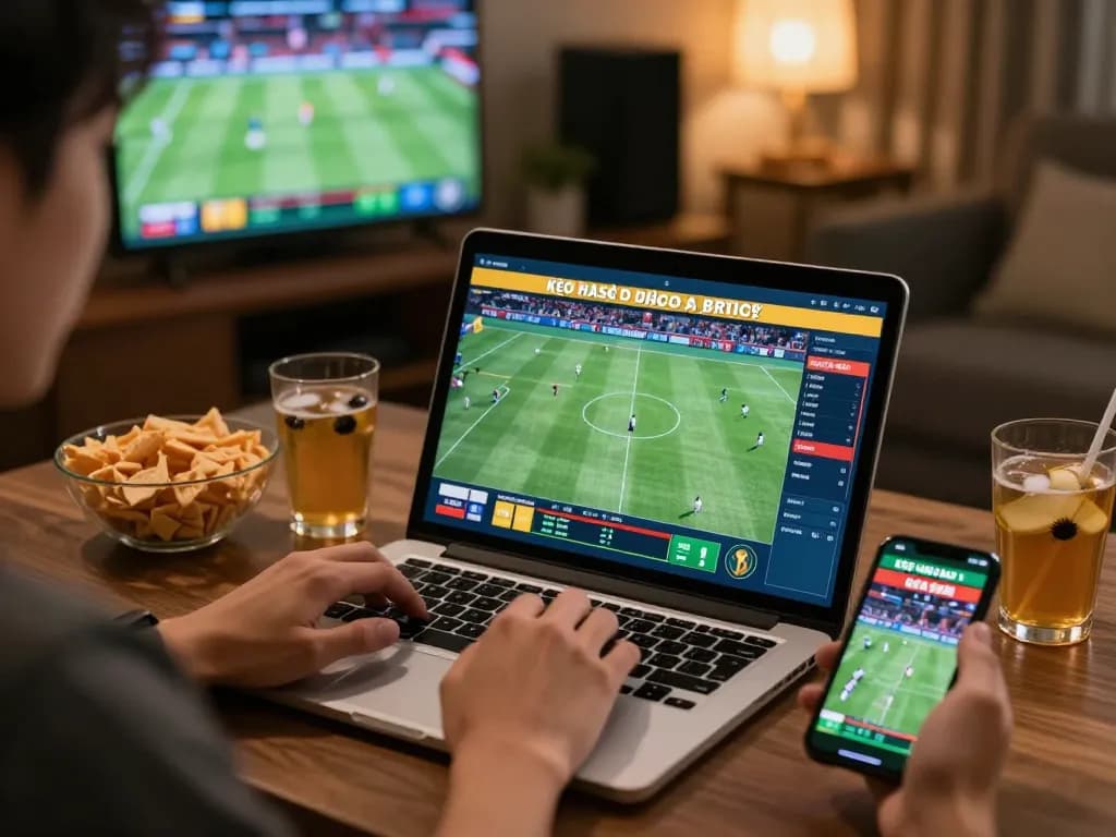 Engaging in kèo nhà cái trực tiếp while betting on live sports at home, showcasing dynamic gameplay.
