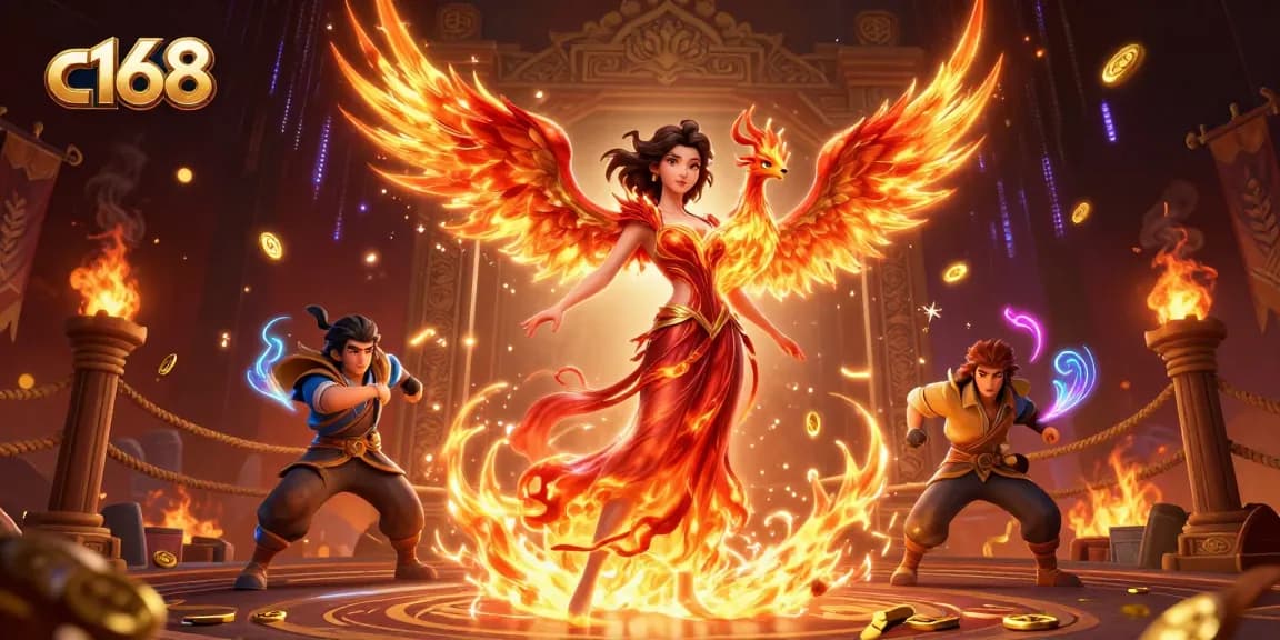 Win big at c168 with an energetic scene of a stunning Asian woman and a phoenix amidst a dynamic gambling environment.