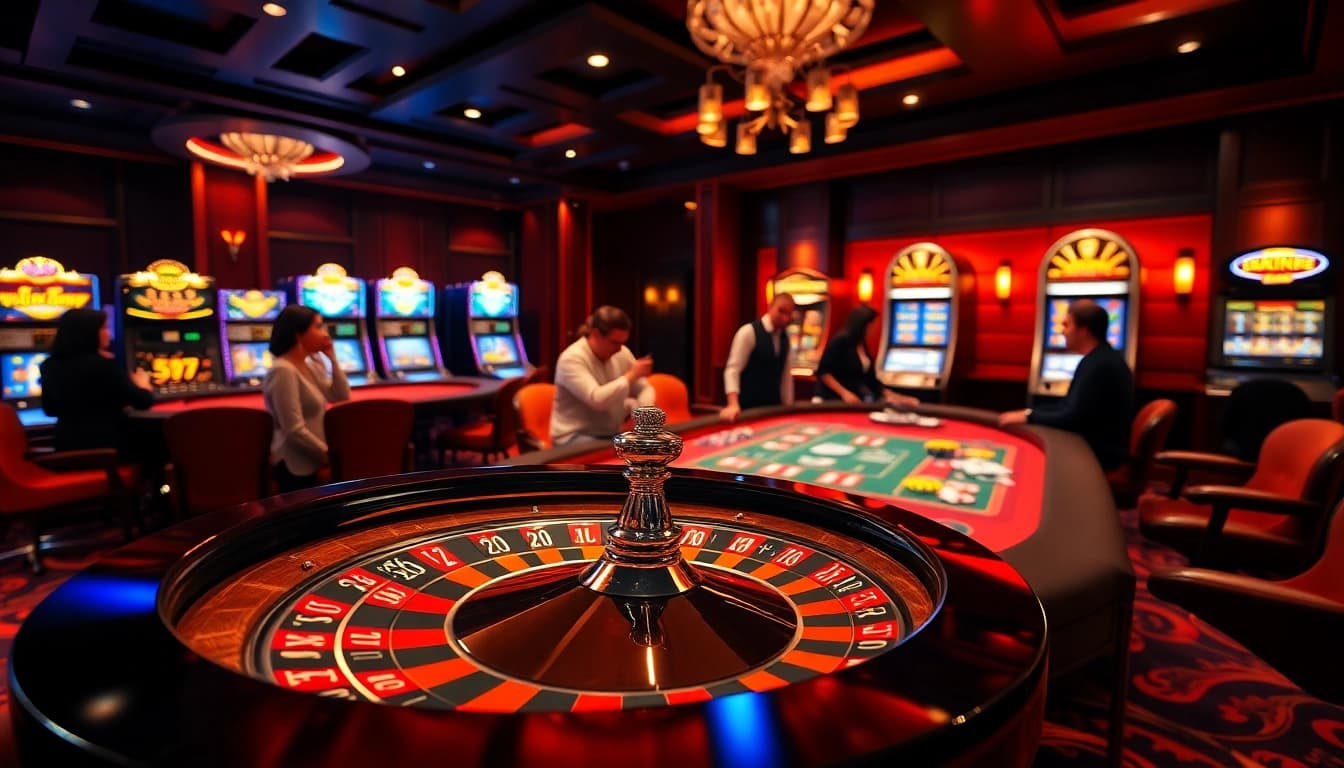 Exciting scene of luxury gambling at a casino featuring a roulette wheel, blackjack table, and elements from https://jun88.buzz/.