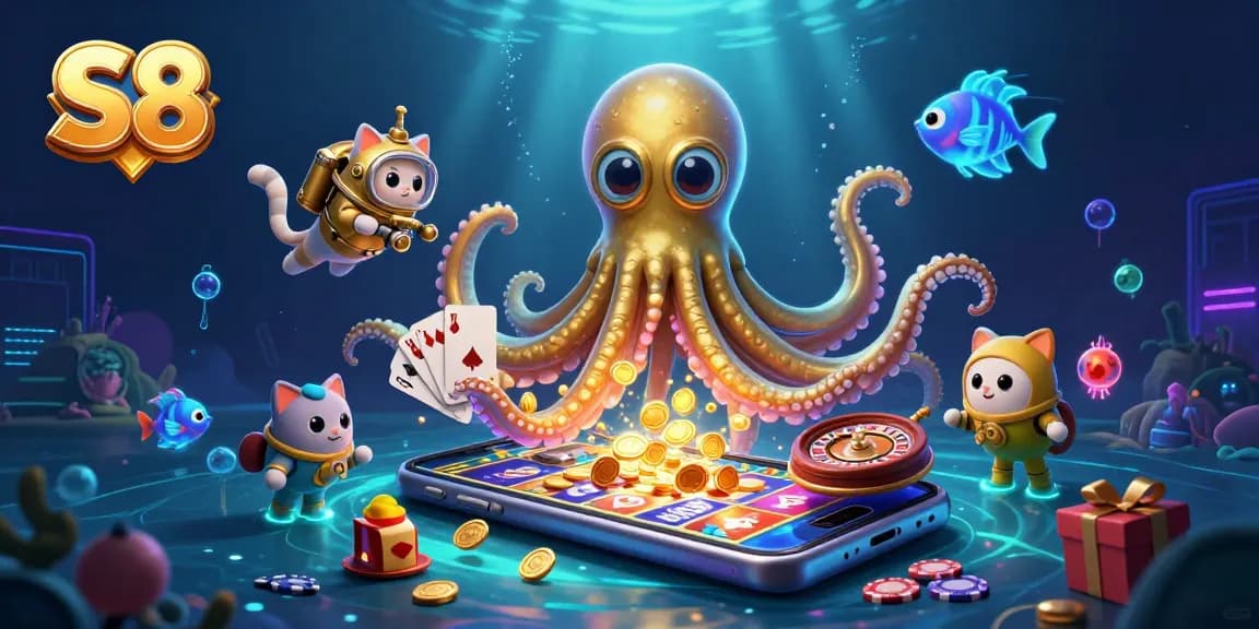 Engage with the vibrant S8 gaming experience featuring a colossal kraken and diver amidst dynamic casino elements.