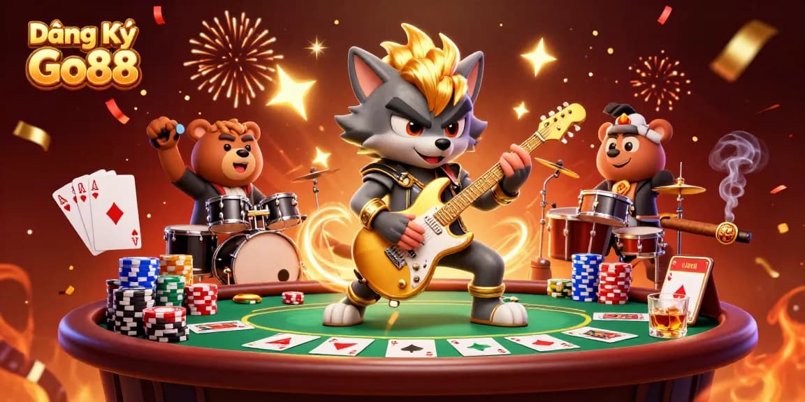 Experience the thrill of Đăng Ký Go88 with a rock star wolf on stage amidst vibrant casino visuals.