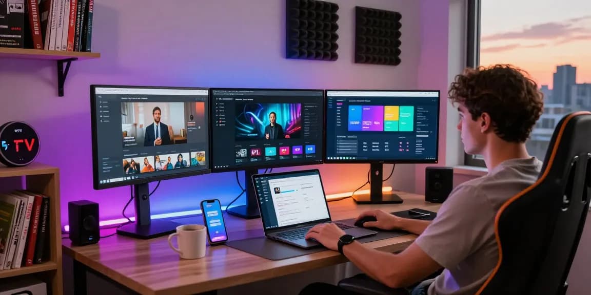 Professioneller IPTV Smart Player Arbeitsplatz mit Analysen und Benutzeroberflächendesigns, IPTV Smarters Pro im Einsatz.