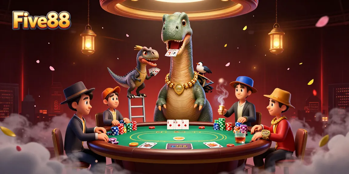 Experience Five88's thrilling poker action with whimsical 3D characters and intricate casino details.