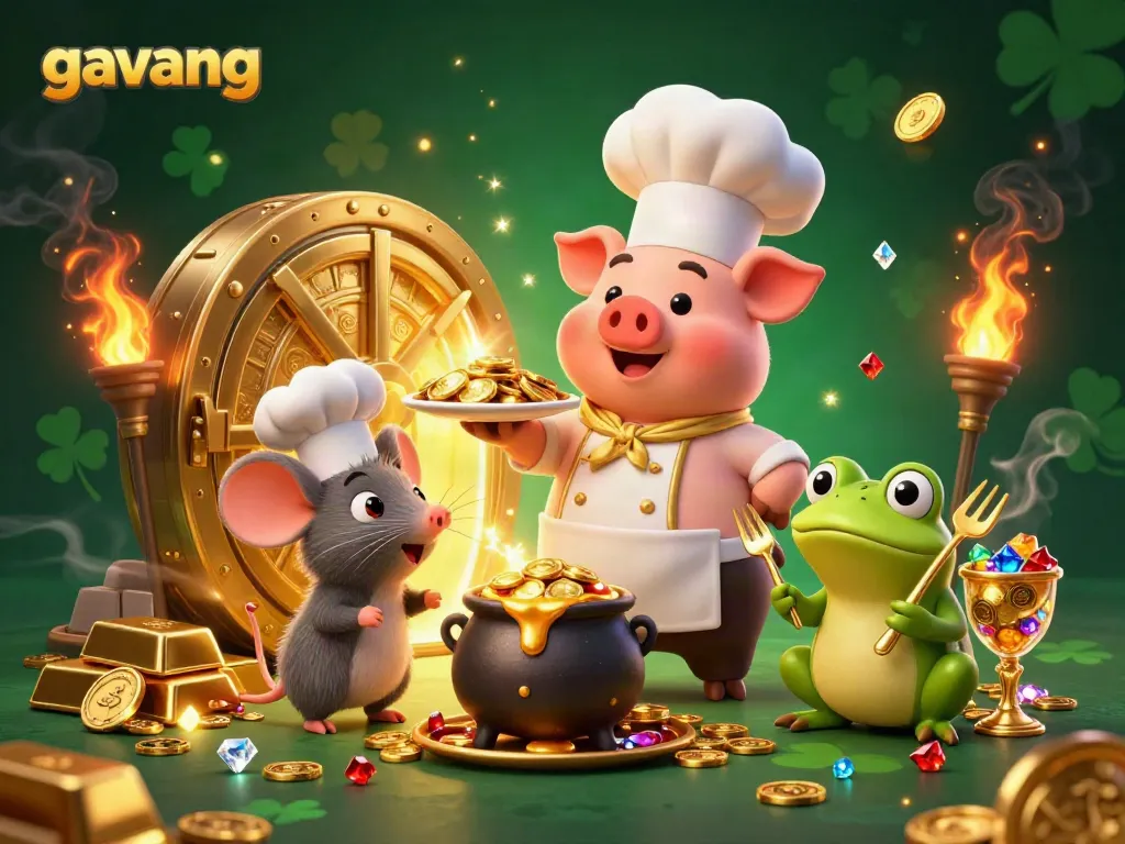 Experience thrilling moments with gavang's vibrant gaming scene featuring golden treasure and whimsical characters.