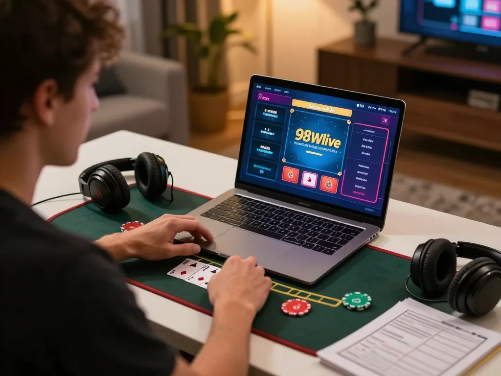 Player engaging in live dealer blackjack session on 98winlive, focused on screen strategy.