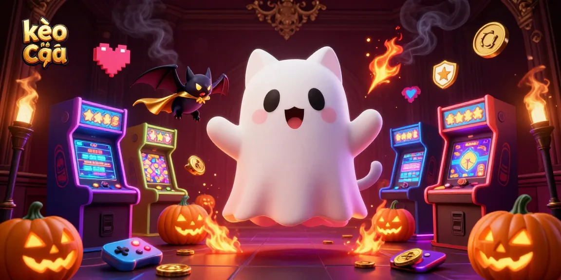 Experience kèo nhà cái with ghost cat and bat in a thrilling haunted casino scene, surrounded by vibrant game elements.