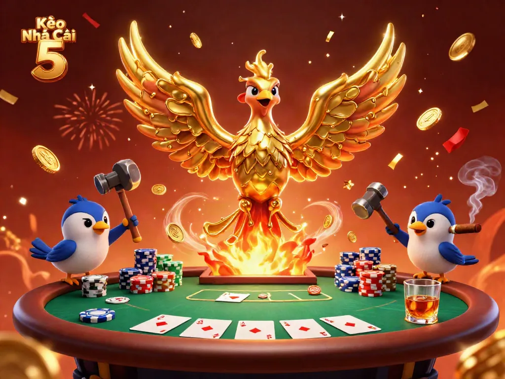 Kèo Nhà Cái 5 showcases a golden phoenix and poker elements in a vibrant casino atmosphere.