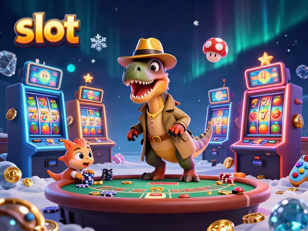 Spin the slot reels with a velociraptor card counter and a stegosaurus pit boss in a vibrant casino scene.