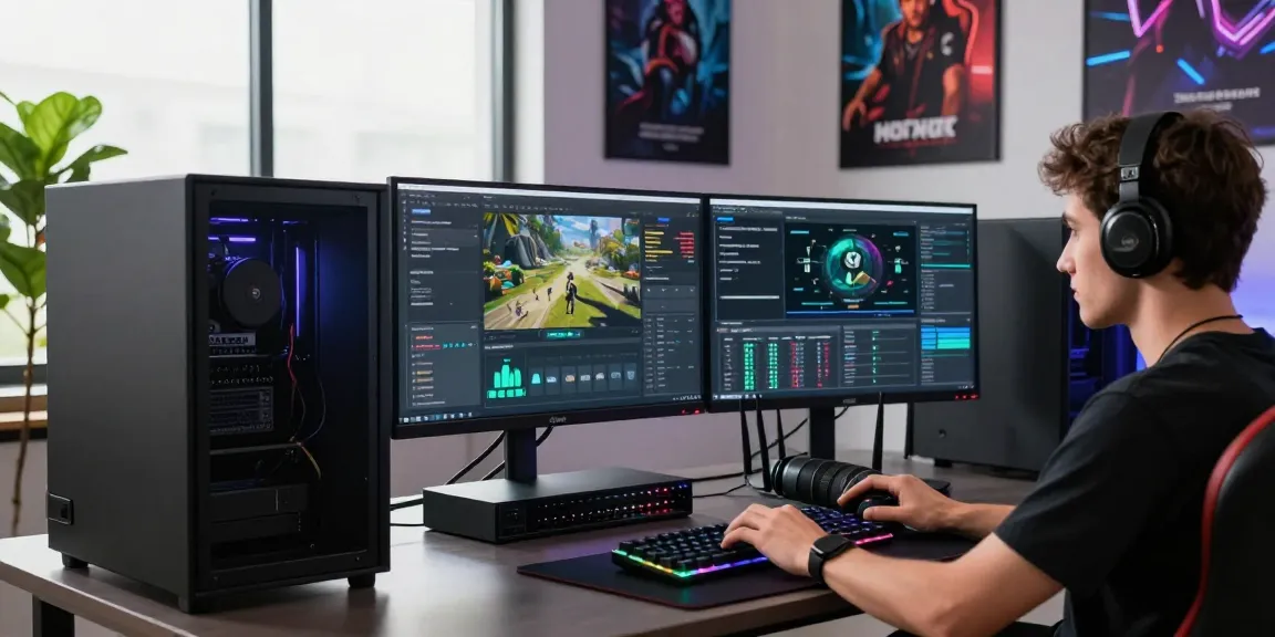Profesjonalne ustawienie hostingowe gier z serwerem w konfiguracji w nowoczesnym biurze, podkreślona tematyka game hosting.