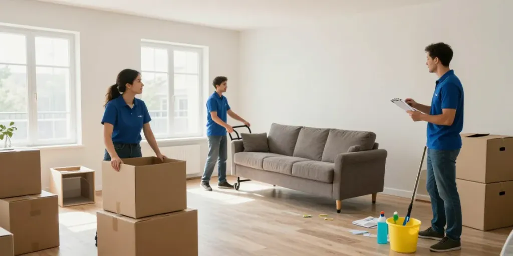 Professionelles Team bei der Wohnungsauflösung in Berlin Marzahn mit Möbeln und Umzugskartons.