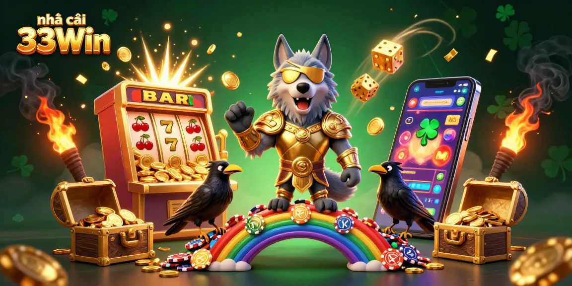 Engage with Nhà cái 33Win as the Odin wolf and ravens command a vibrant casino landscape, showcasing excitement and fortune.