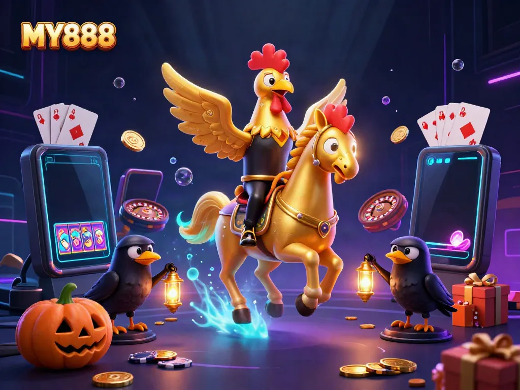 Experience thrilling gaming with MY888's slots in a vibrant casino setting featuring unique characters.