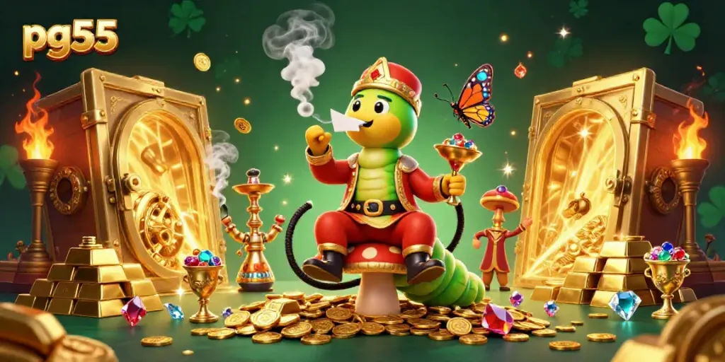 Experience pg55 excitement through a vibrant casino-themed scene with gems, gold, and fun!