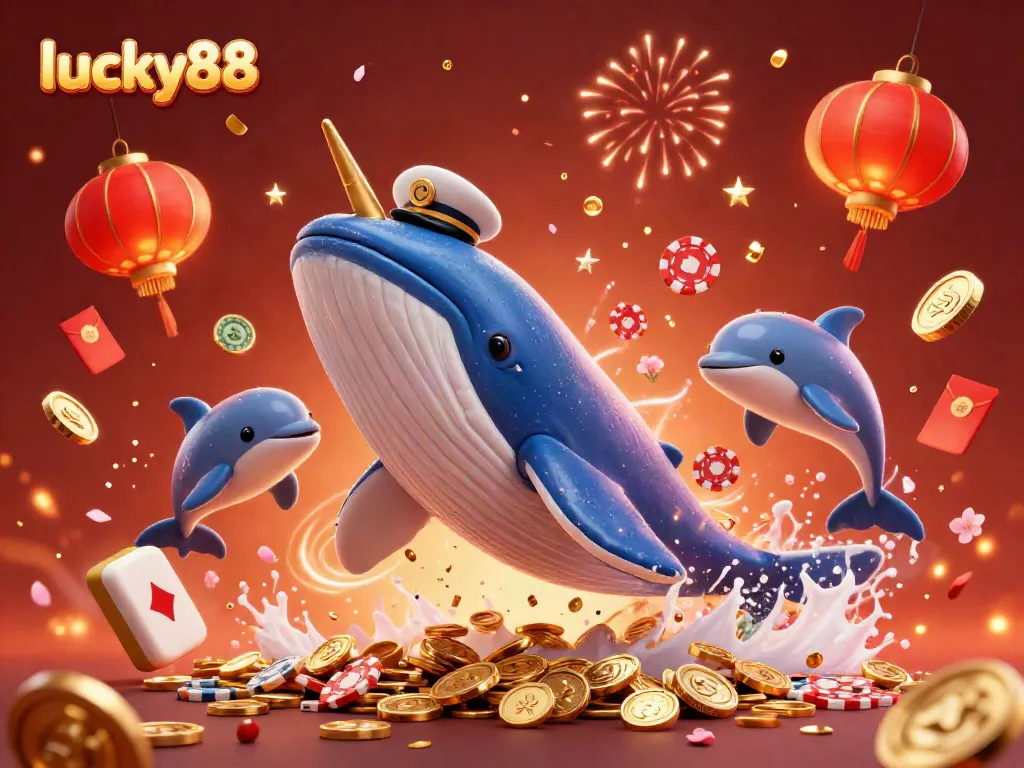 Experience the excitement of lucky88 with a cartoon whale, narwhal, and dolphins amidst a celebration of gold coins and festive elements.
