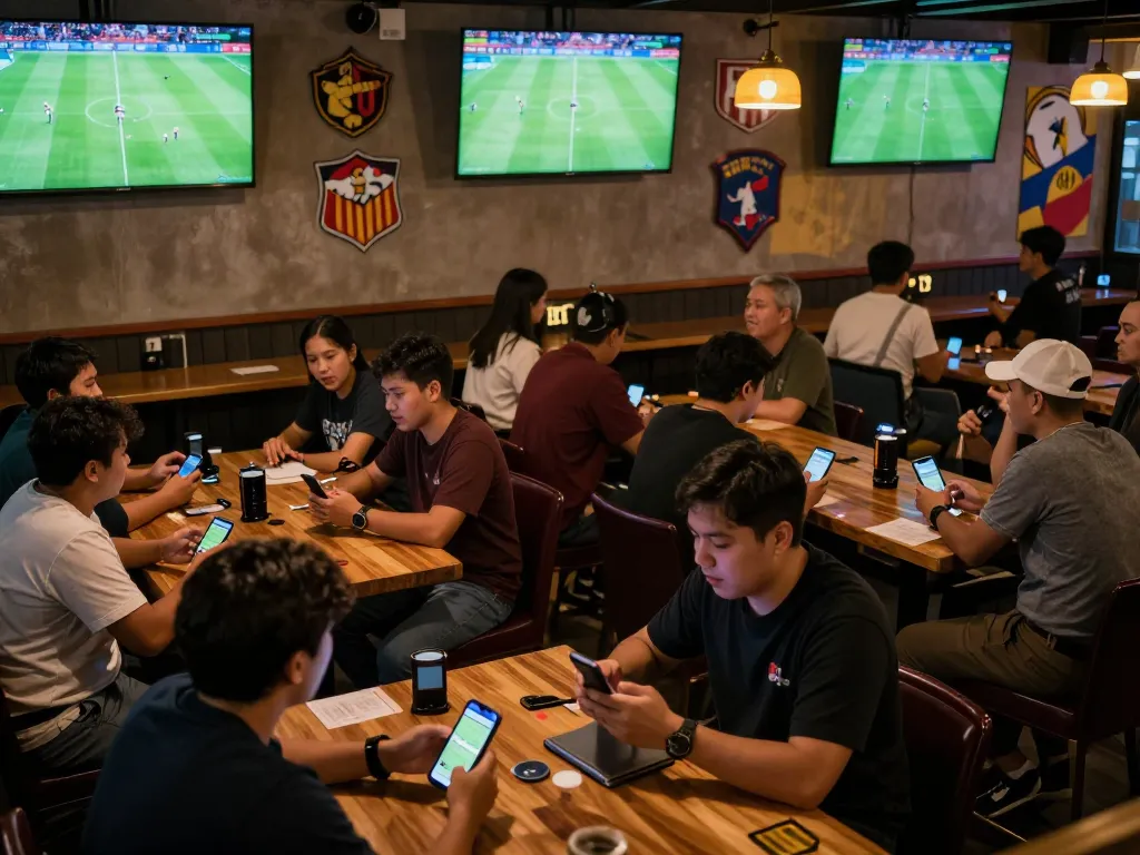 Engaged patrons placing แทงบอล bets in a vibrant sports bar atmosphere