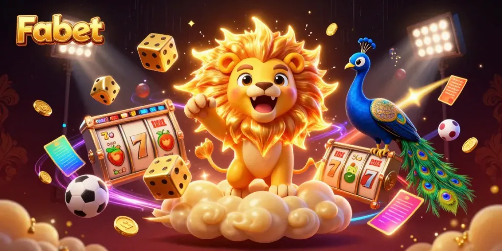 Fabet's thrilling online casino realm brings excitement with a vivid illustration of gaming elements.