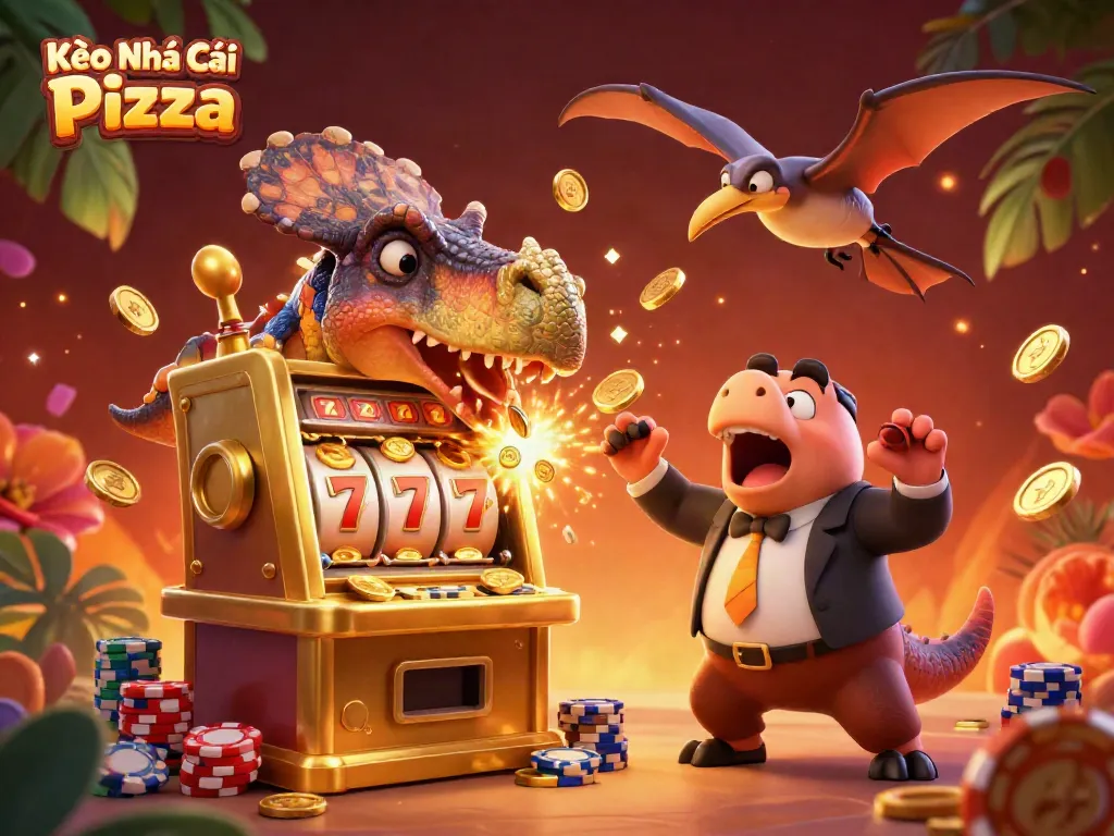 Kèo Nhà Cái Pizza features a pachycephalosaurus and dinosaurs in a casino setting, showcasing excitement and winnings.