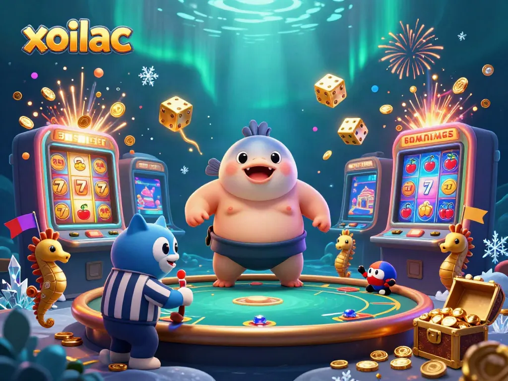 Xoilac offers a vibrant underwater casino scene with a fugu, catfish referee, and seahorses amidst jackpots.