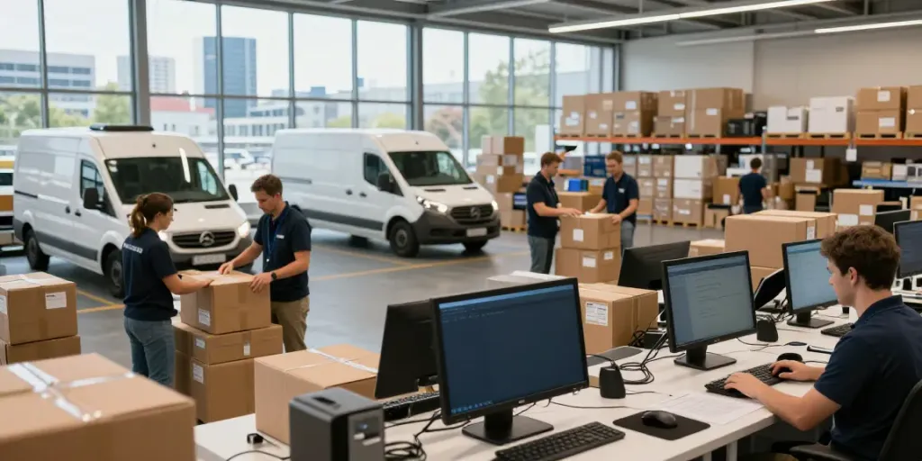 Kurierdienst in Stuttgart: Moderne Logistikszene mit Beschäftigten und Zustellfahrzeugen
