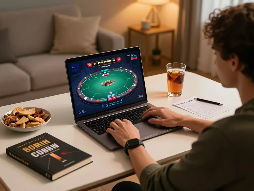 Player engaging in strategic online poker at home via o8net3, showcasing immersive gameplay and a comfortable setup.