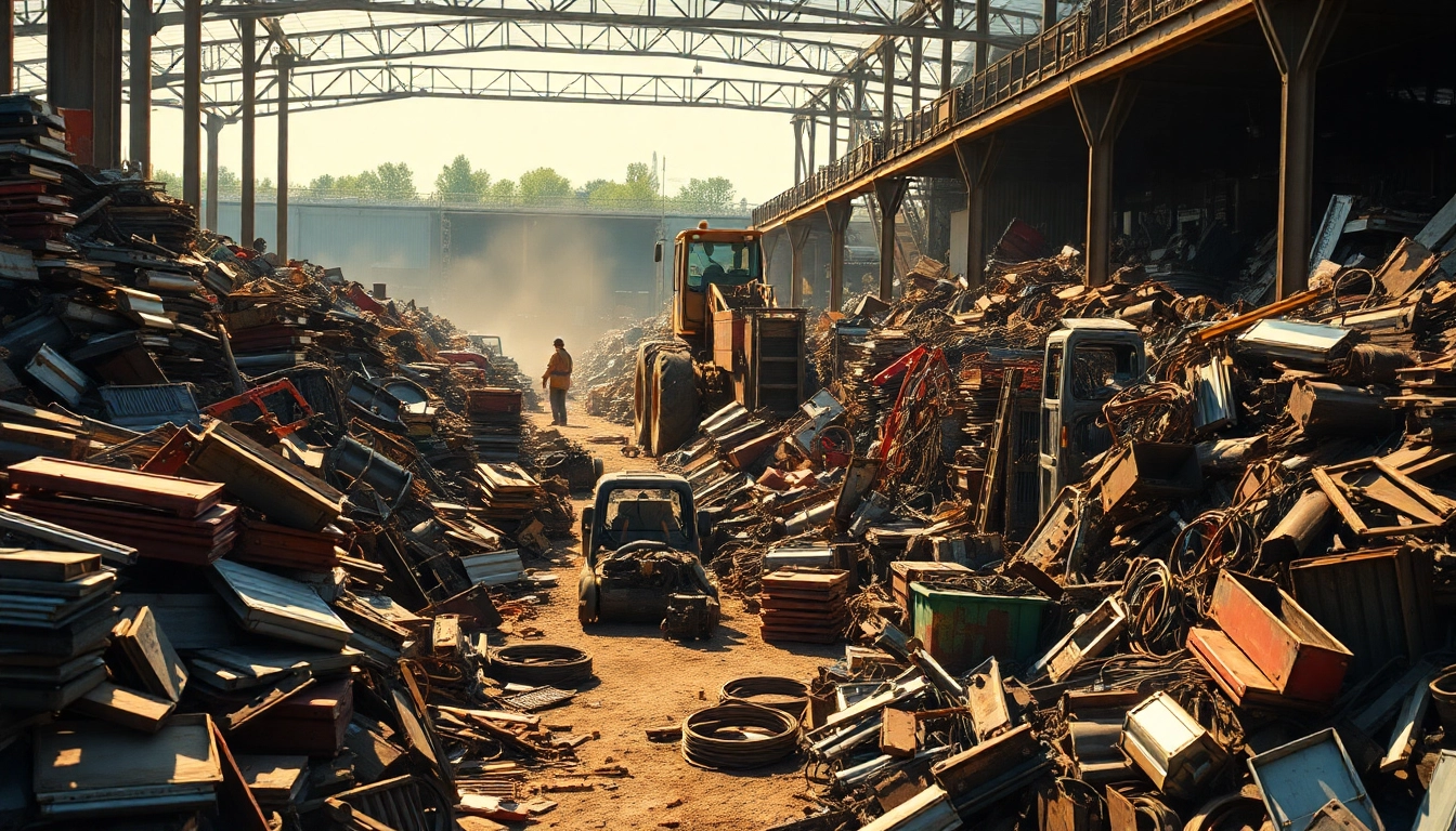 Showcasing Schrotthandel Remscheid's bustling scrapyard filled with vibrant metal scraps and workers.
