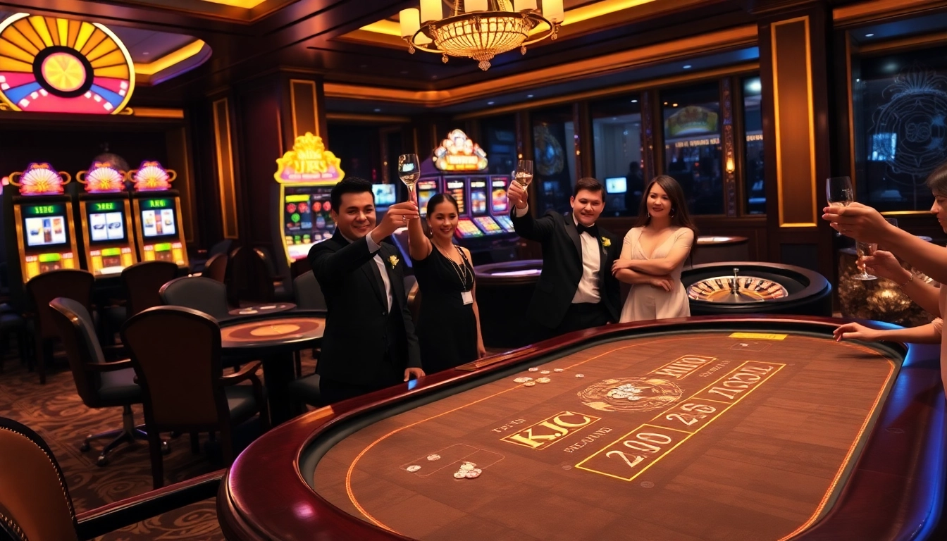 Play exciting games at the KJC-themed casino table with vibrant slot machines.