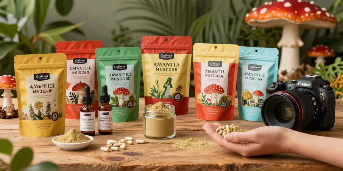 Fliegenpilz Pulver in einem natürlichen Wellness-Setting mit Amanita Muscaria-Produkten präsentiert.