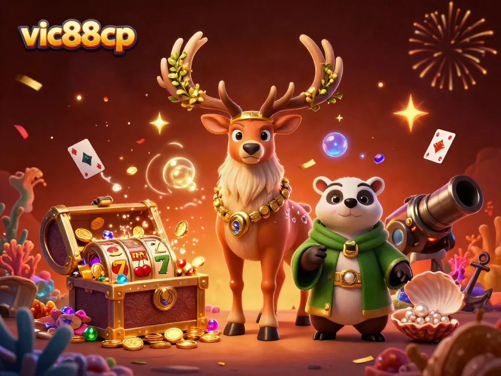Experience immersive online gaming at vic88cp with a vibrant 3D casino scene featuring a druid stag and bonus elements.