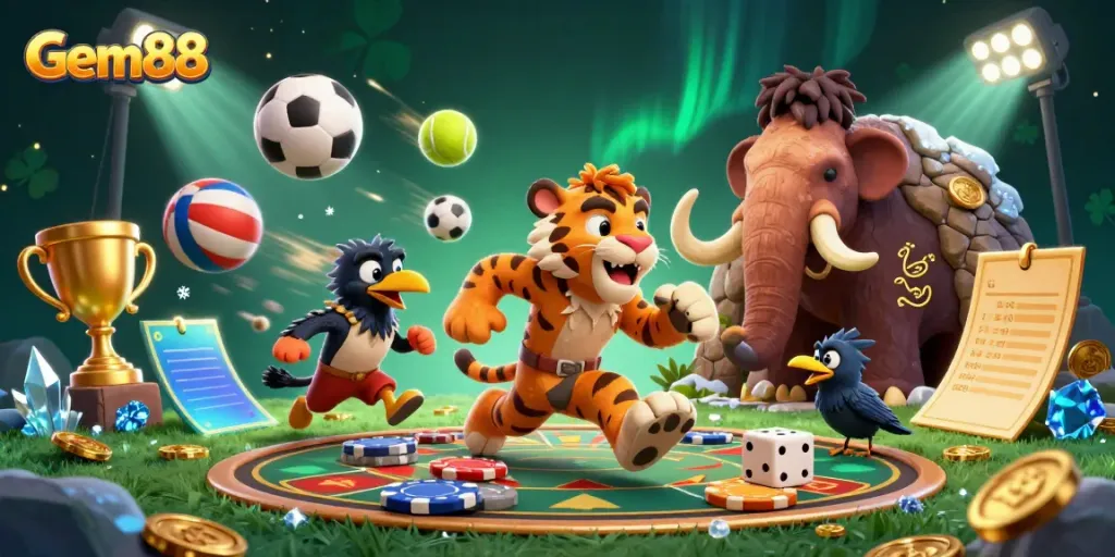 Experience vibrant gaming at Gem88 with 3D cavemen and exciting casino elements.