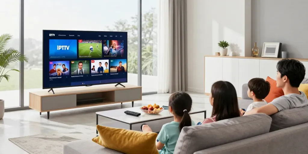 Family enjoying IPTV anbieter in a cozy living room with a smart TV.