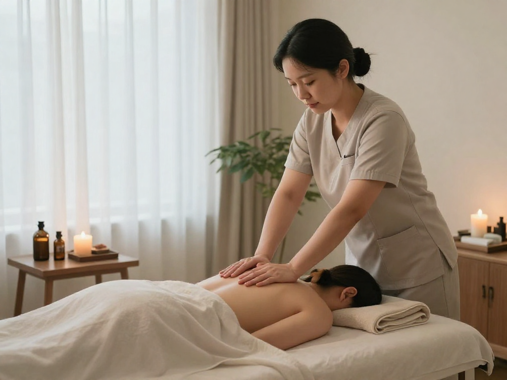 Relaxing 의정부출장안마 session in serene spa with massage therapist and soft lighting.