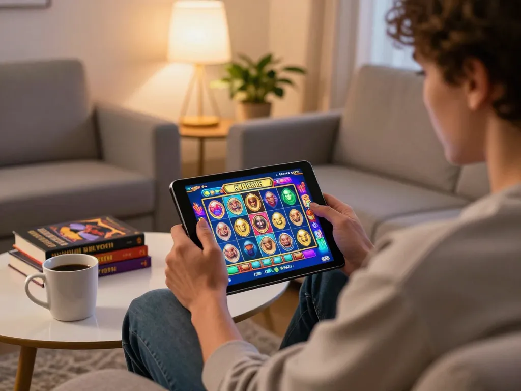 Engaging in exciting ssbet77 slot games on a tablet in a cozy home setting