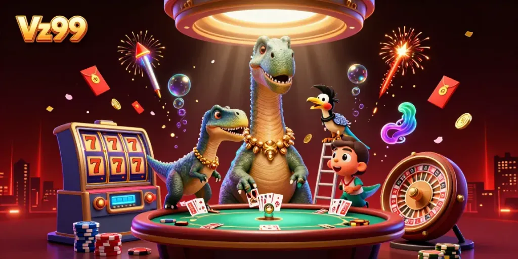 Experience Vz99 casino action with playful creatures in a vibrant 3D scene.