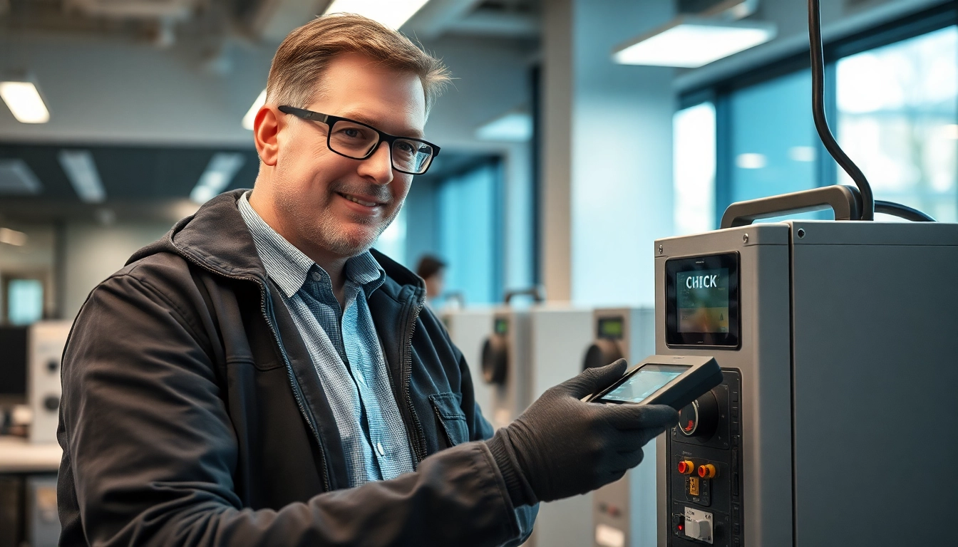 Überprüfen Sie die elektrische Sicherheit in einem modernen Büro mit unserem Inspektor, der die DGUV V3 Prüfung durchführt.