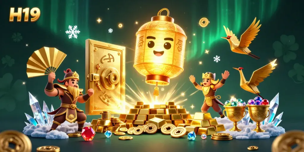Win big with H19 at a dynamic night market casino, featuring vibrant characters and shimmering treasures.