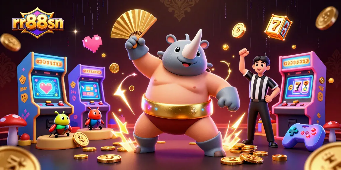 rr88sn gaming scene showcasing a rhinoceros beetle sumo champion amidst flying coins and colorful slot elements