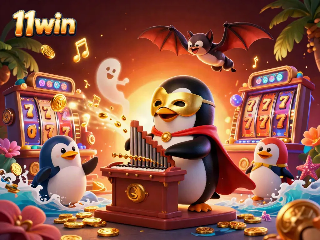 Immerse in the 11win casino experience with vibrant slot reels and lucky symbols amidst a dynamic scene.