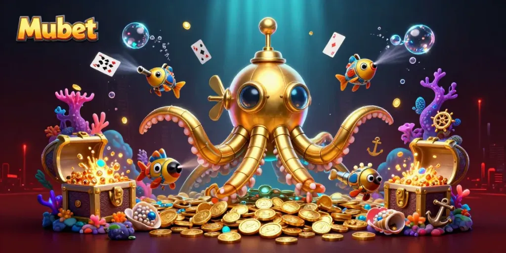 Experience thrilling gameplay at Mubet with a golden kraken submarine amidst riches and vibrant game elements.